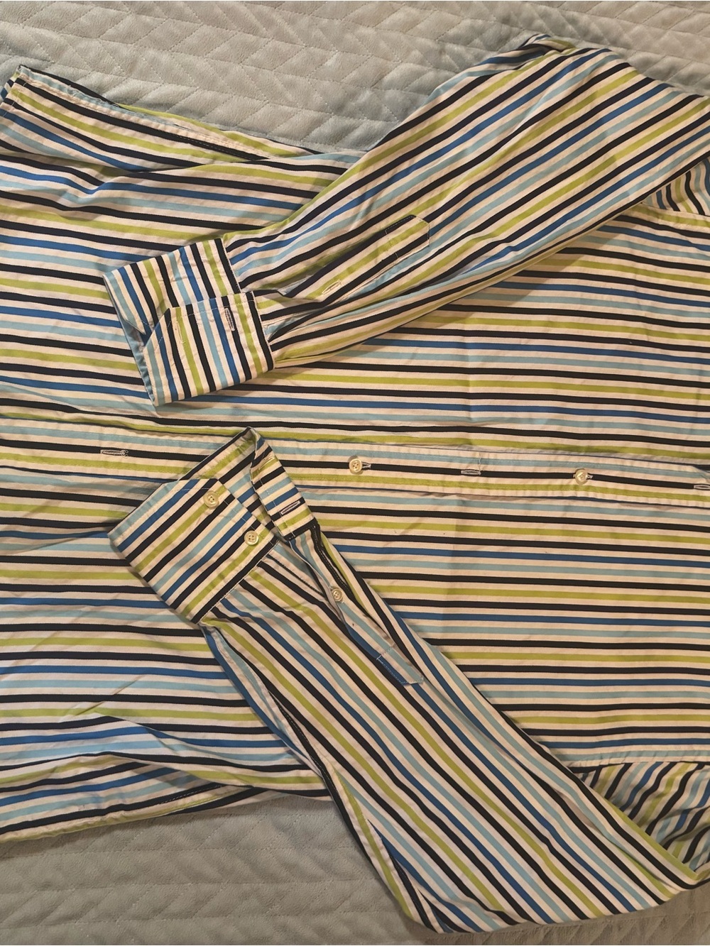 Nearly new. 7 Diamonds dress shirt. Yellow Black white and sky blue striped.
